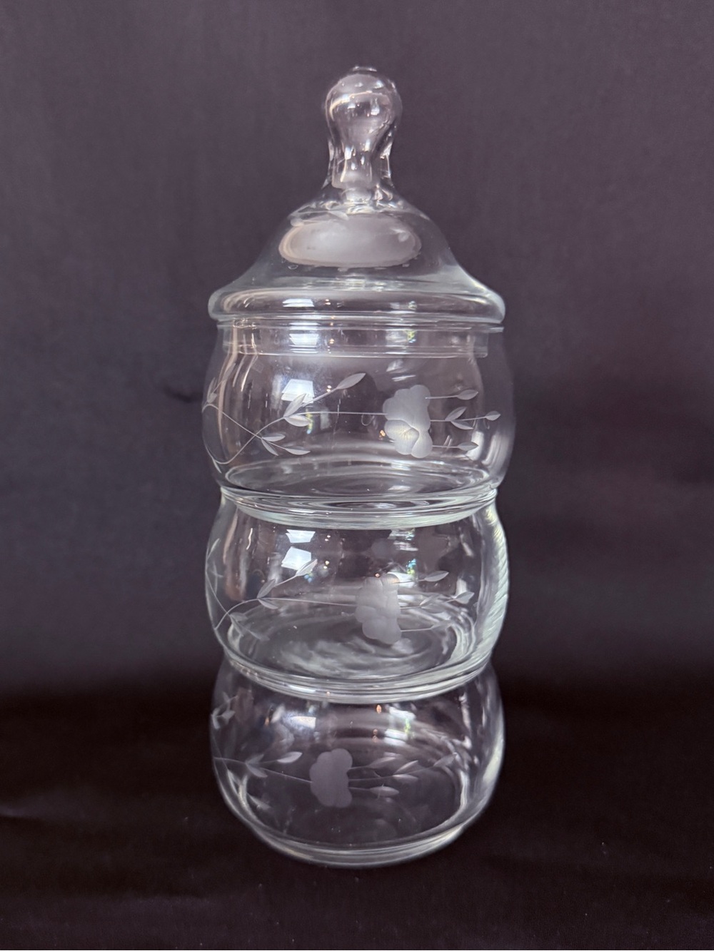 Princess House Heritage 3 Tier Candy Trinket Dish Set w/Lid Etched Floral Glass